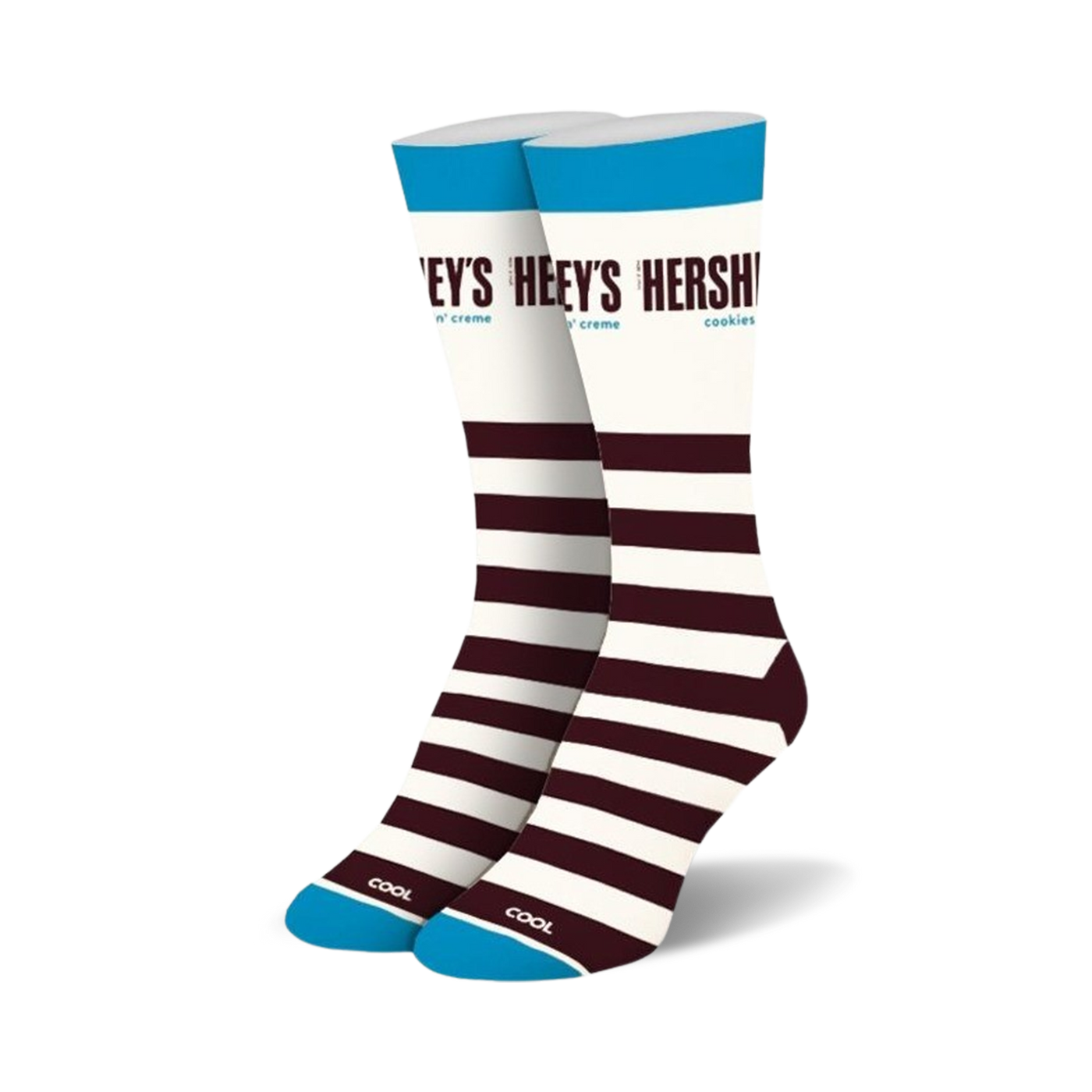 Pair of crew socks in white, brown, and teal.  Features Hershey's Cookies 'n' Creme branding and horizontal stripes.
