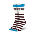 Pair of crew socks in white, brown, and teal.  Features Hershey's Cookies 'n' Creme branding and horizontal stripes.