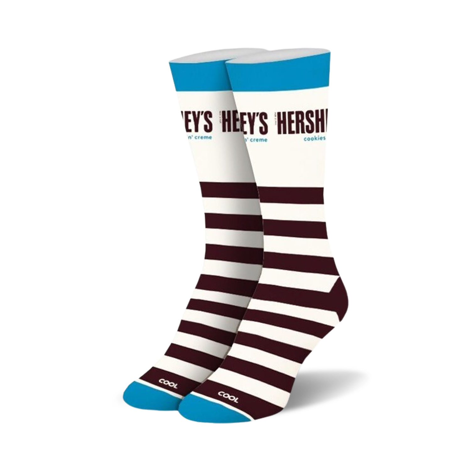 Pair of crew socks in white, brown, and teal.  Features Hershey's Cookies 'n' Creme branding and horizontal stripes.