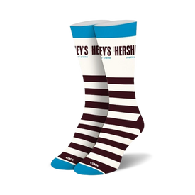  women's crew white socks with horizontal brown stripes and blue band, inspired by hershey's cookies & creme  