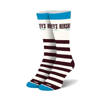  women's crew white socks with horizontal brown stripes and blue band, inspired by hershey's cookies & creme  