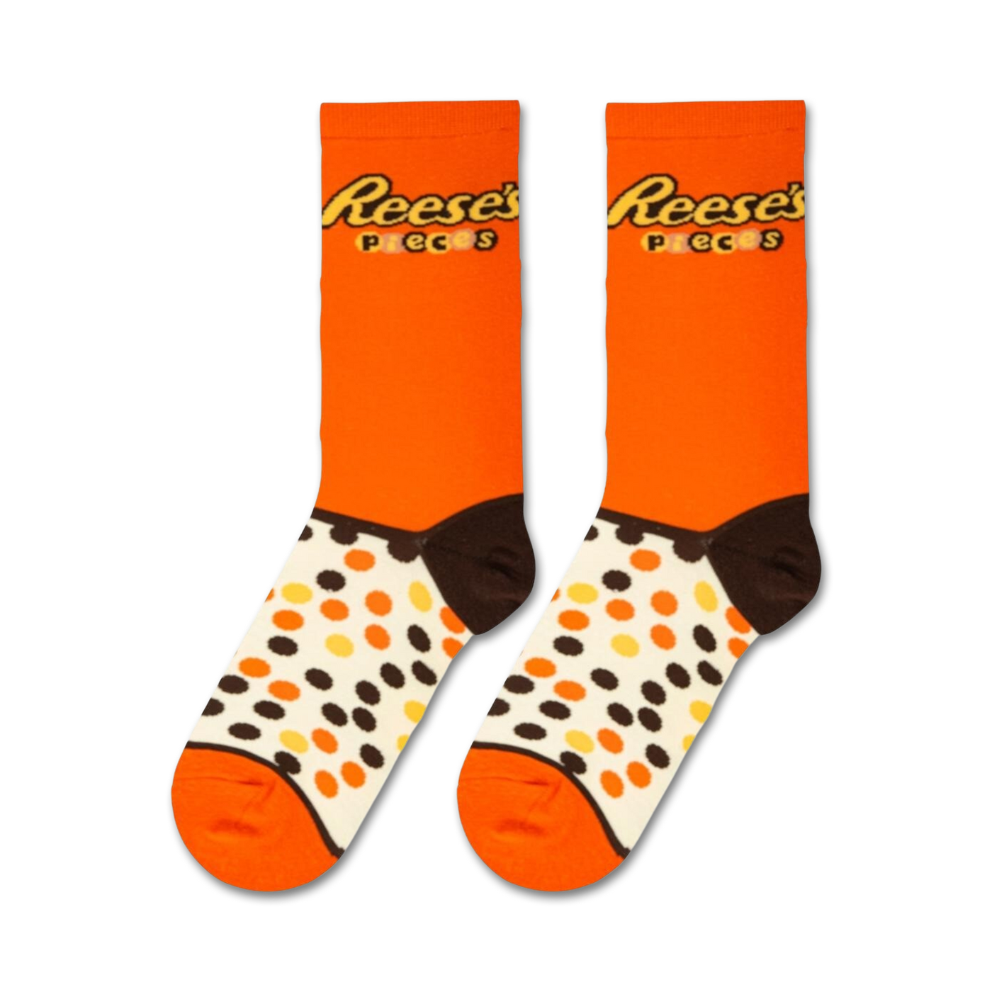 Lifestyle shot showing the Reese's Pieces socks on a model's feet.