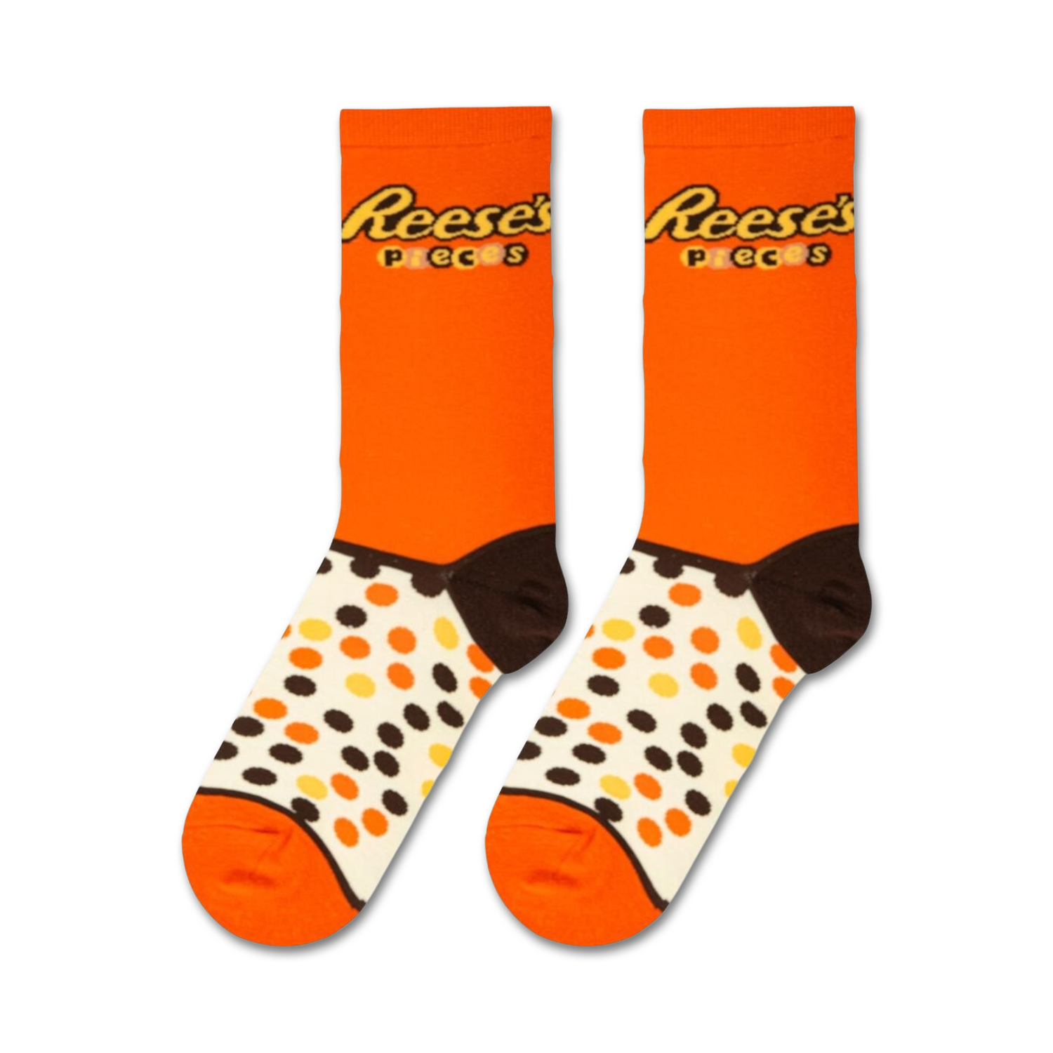 Lifestyle shot showing the Reese's Pieces socks on a model's feet.