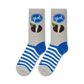 Flatlay showcasing a pair of York Peppermint Pattie socks, highlighting the design and blue and white stripes.
