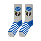 Flatlay showcasing a pair of York Peppermint Pattie socks, highlighting the design and blue and white stripes.