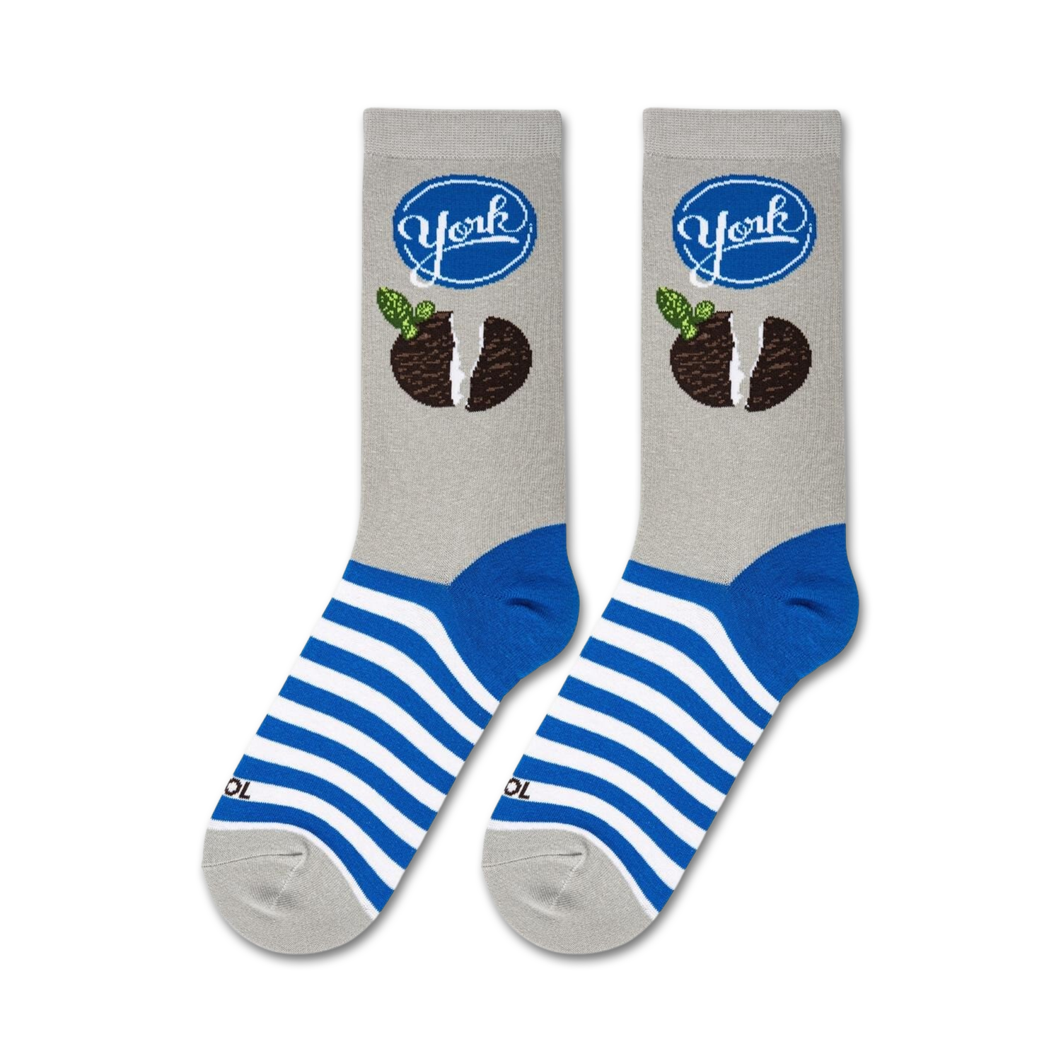 Flatlay showcasing a pair of York Peppermint Pattie socks, highlighting the design and blue and white stripes.