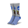 Pair of crew socks in grey and blue.  The socks feature a York Peppermint Pattie design with the brand logo and a peppermint pattie graphic.