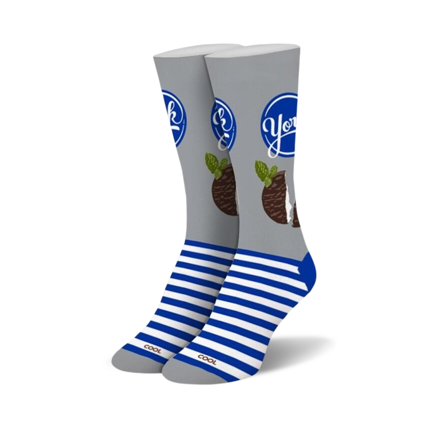 Pair of crew socks in grey and blue.  The socks feature a York Peppermint Pattie design with the brand logo and a peppermint pattie graphic.