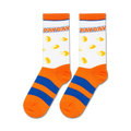 Flatlay product shot of a pair of Payday candy bar-themed socks.