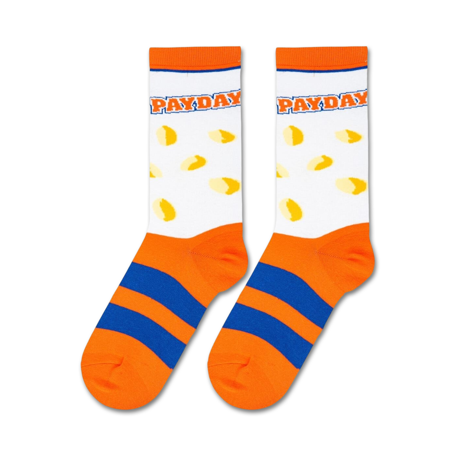 Flatlay product shot of a pair of Payday candy bar-themed socks.