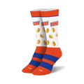 Pair of crew socks in orange, blue, and white.  The socks feature a repeated image of Payday candy bars and the word 'Payday'.