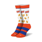 Pair of crew socks in orange, blue, and white.  The socks feature a repeated image of Payday candy bars and the word 'Payday'.