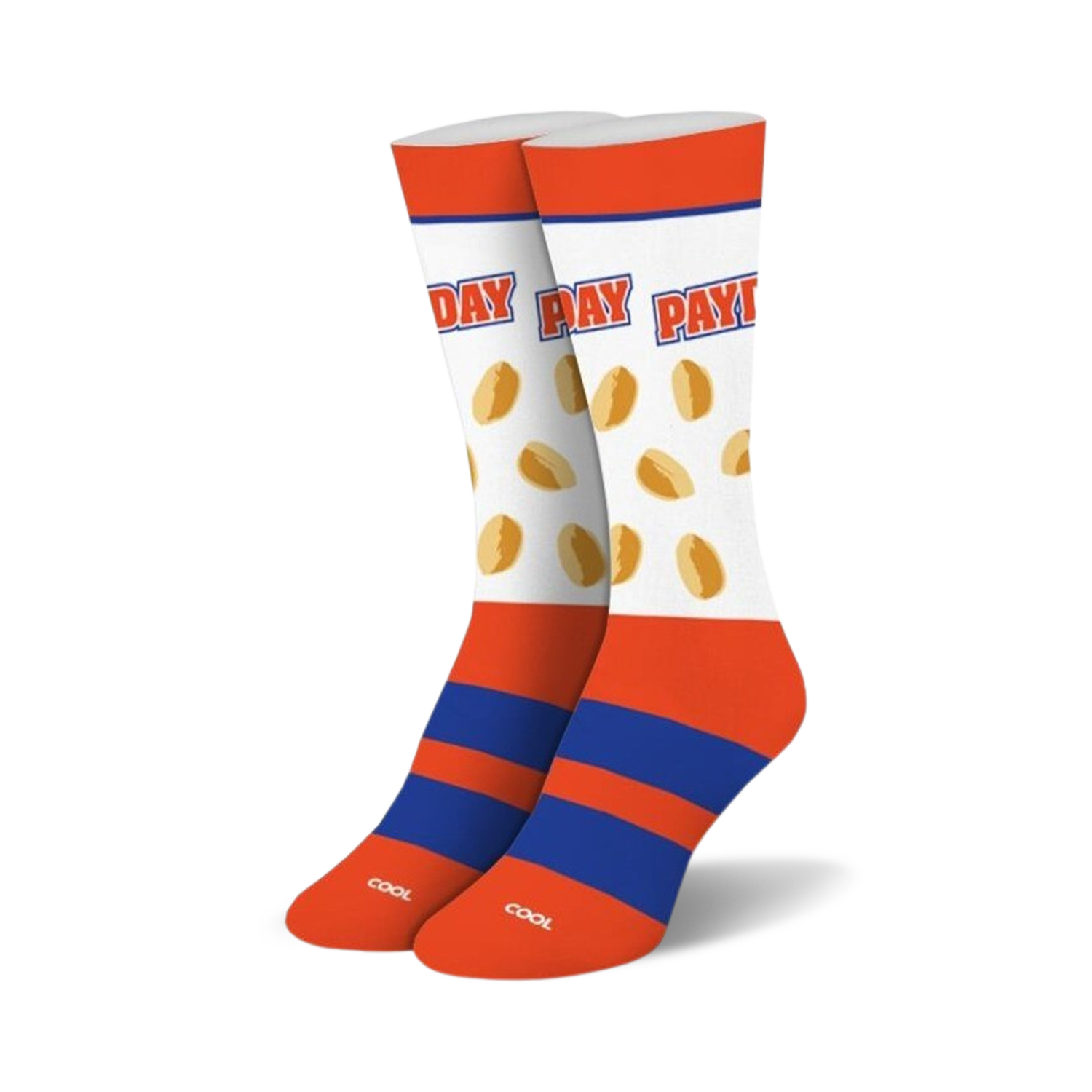 Pair of crew socks in orange, blue, and white.  The socks feature a repeated image of Payday candy bars and the word 'Payday'.