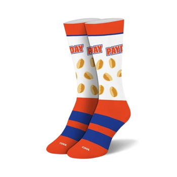 white crew socks feature repeating orange "payday" text, stripes, and footballs.  