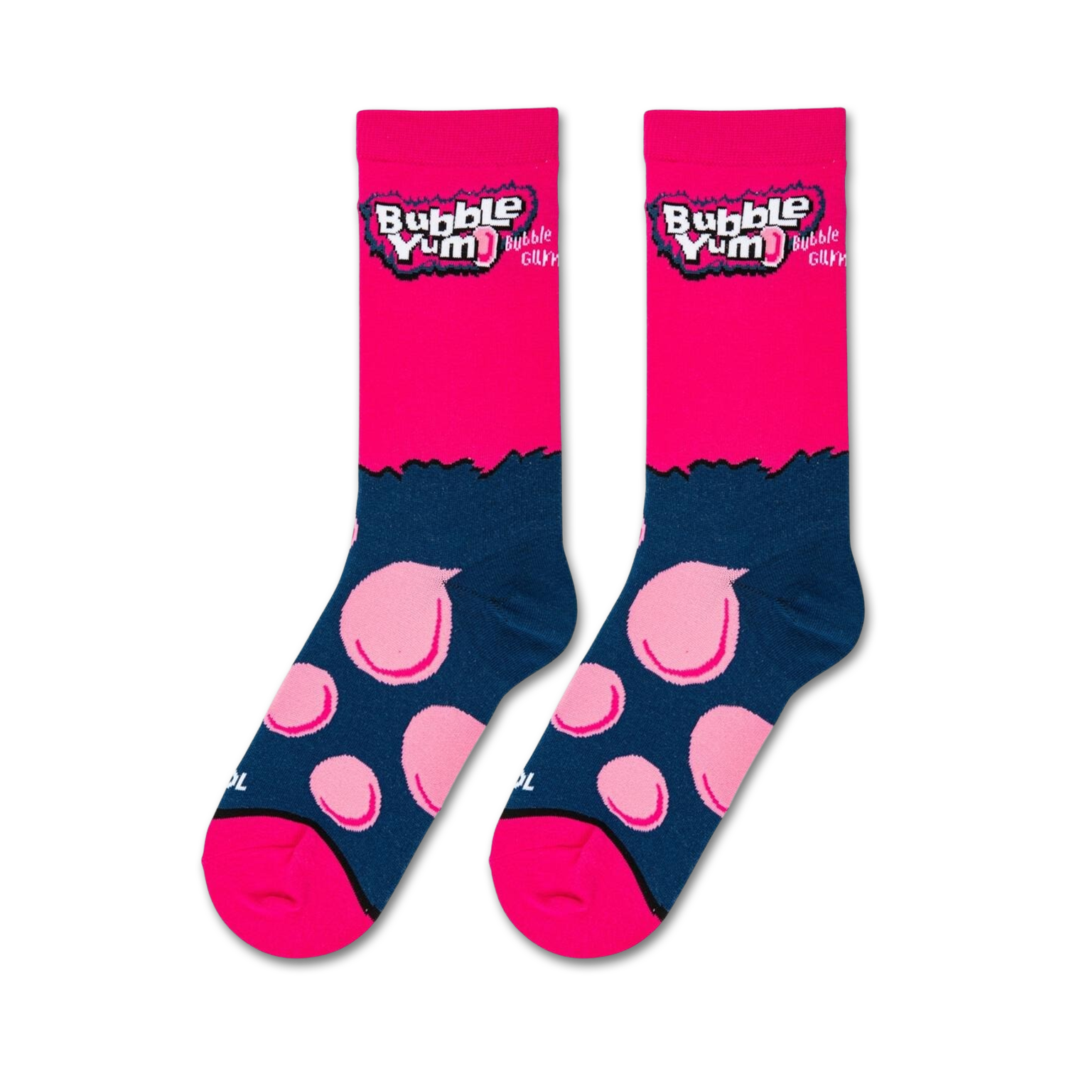 Flat lay showcasing a pair of Bubble Yum socks, highlighting the full design from top to toe.