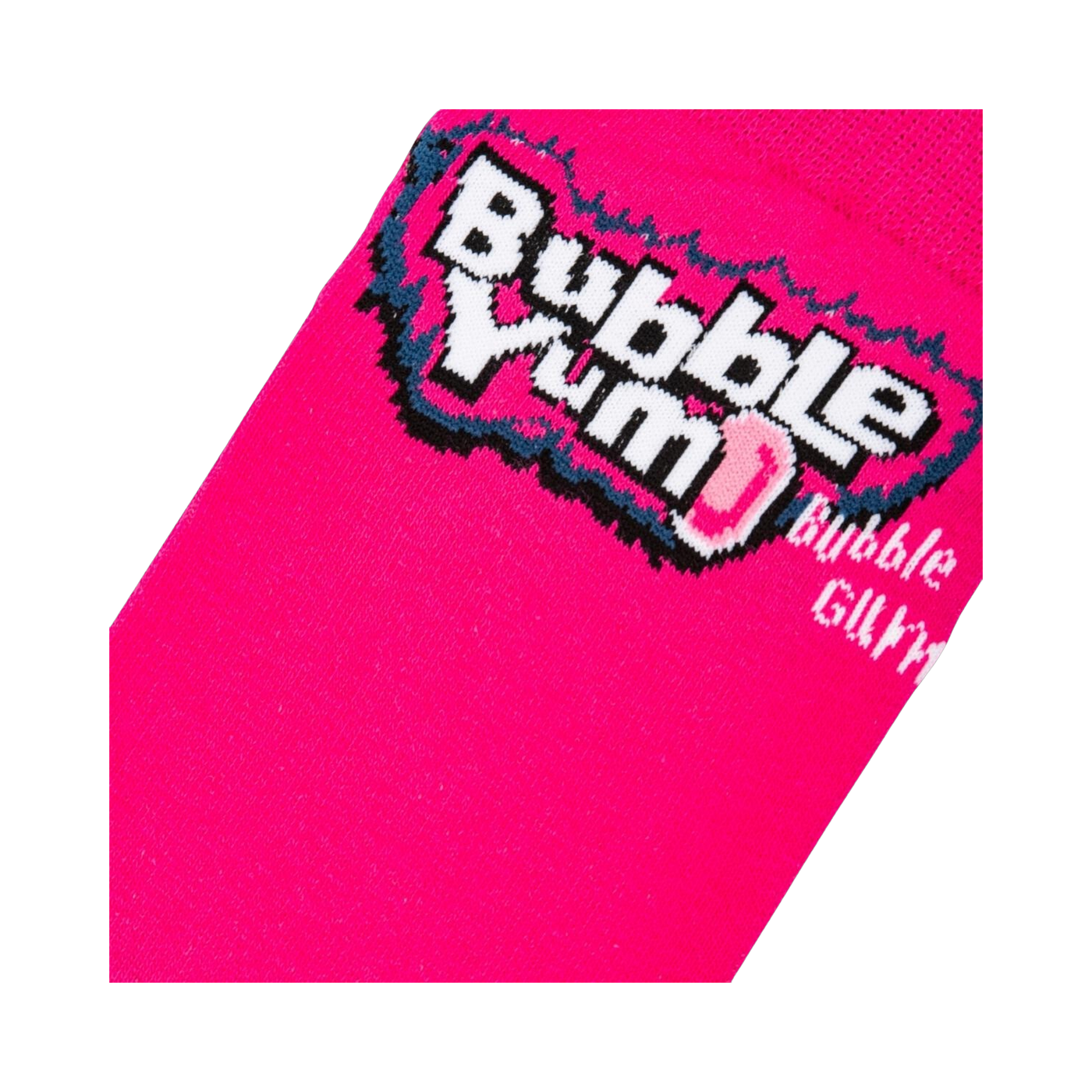 Close-up detail shot of the Bubble Yum logo on a bright pink section of the sock.