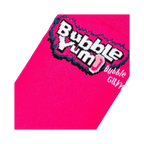 Close-up detail shot of the Bubble Yum logo on a bright pink section of the sock.