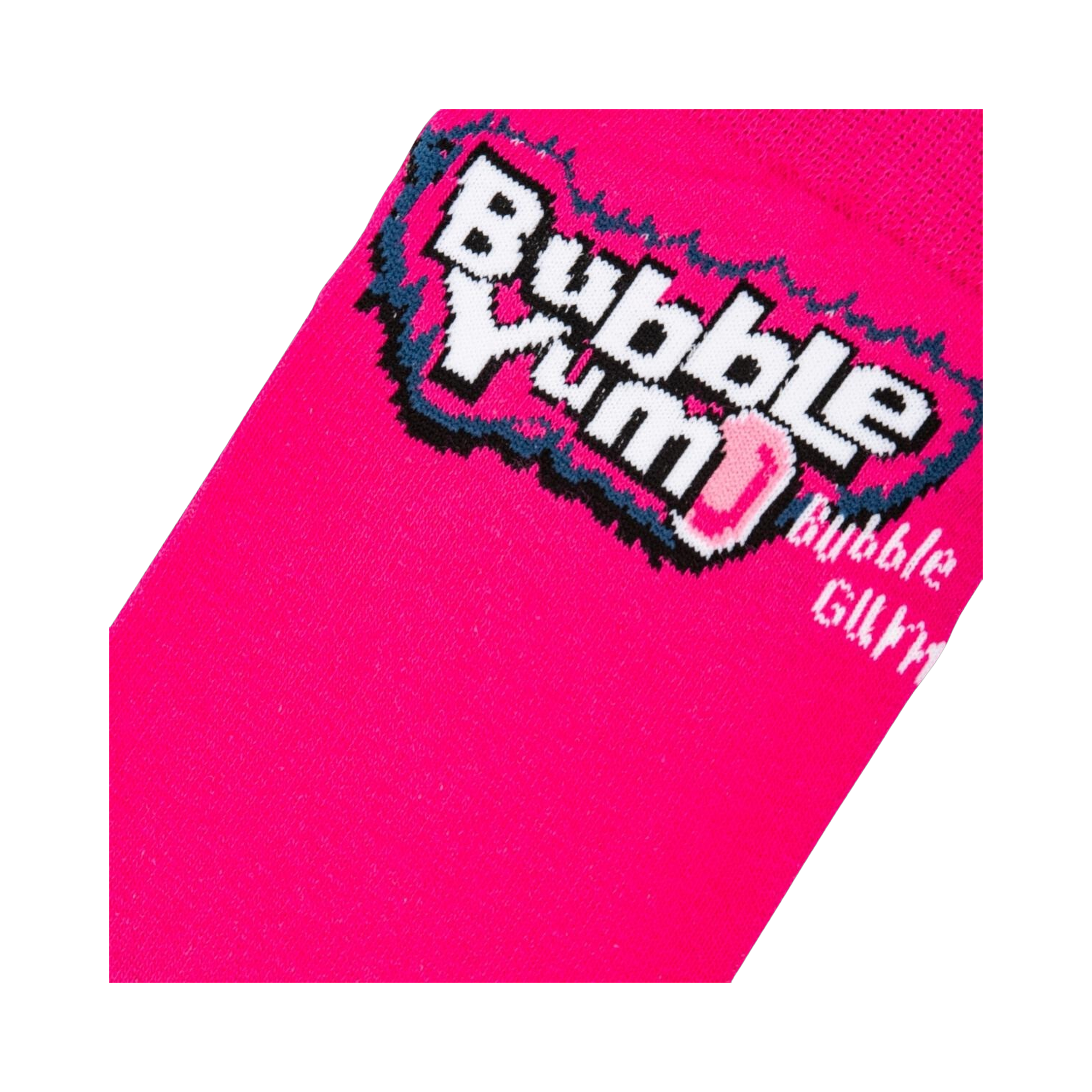 Close-up detail shot of the Bubble Yum logo on a bright pink section of the sock.