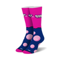 Pair of crew socks in pink and navy blue.  The socks feature a Bubble Yum logo and pink bubblegum-shaped designs.