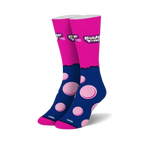 Pair of crew socks in pink and navy blue.  The socks feature a Bubble Yum logo and pink bubblegum-shaped designs.