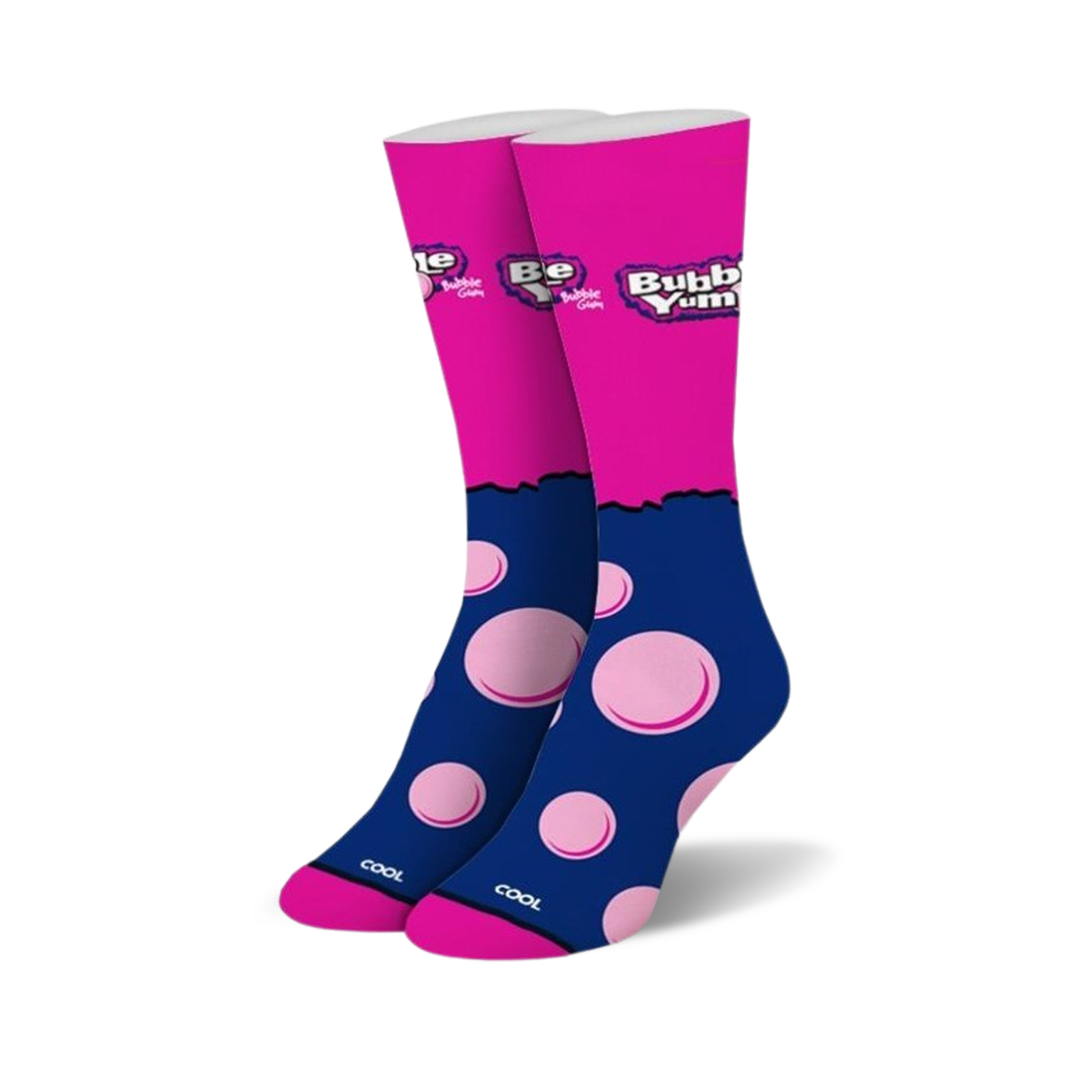 Pair of crew socks in pink and navy blue.  The socks feature a Bubble Yum logo and pink bubblegum-shaped designs.
