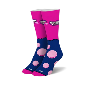  pink and blue bubblegum crew length womens socks with "cool" written on them.  