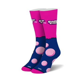  pink and blue bubblegum crew length womens socks with "cool" written on them.  
