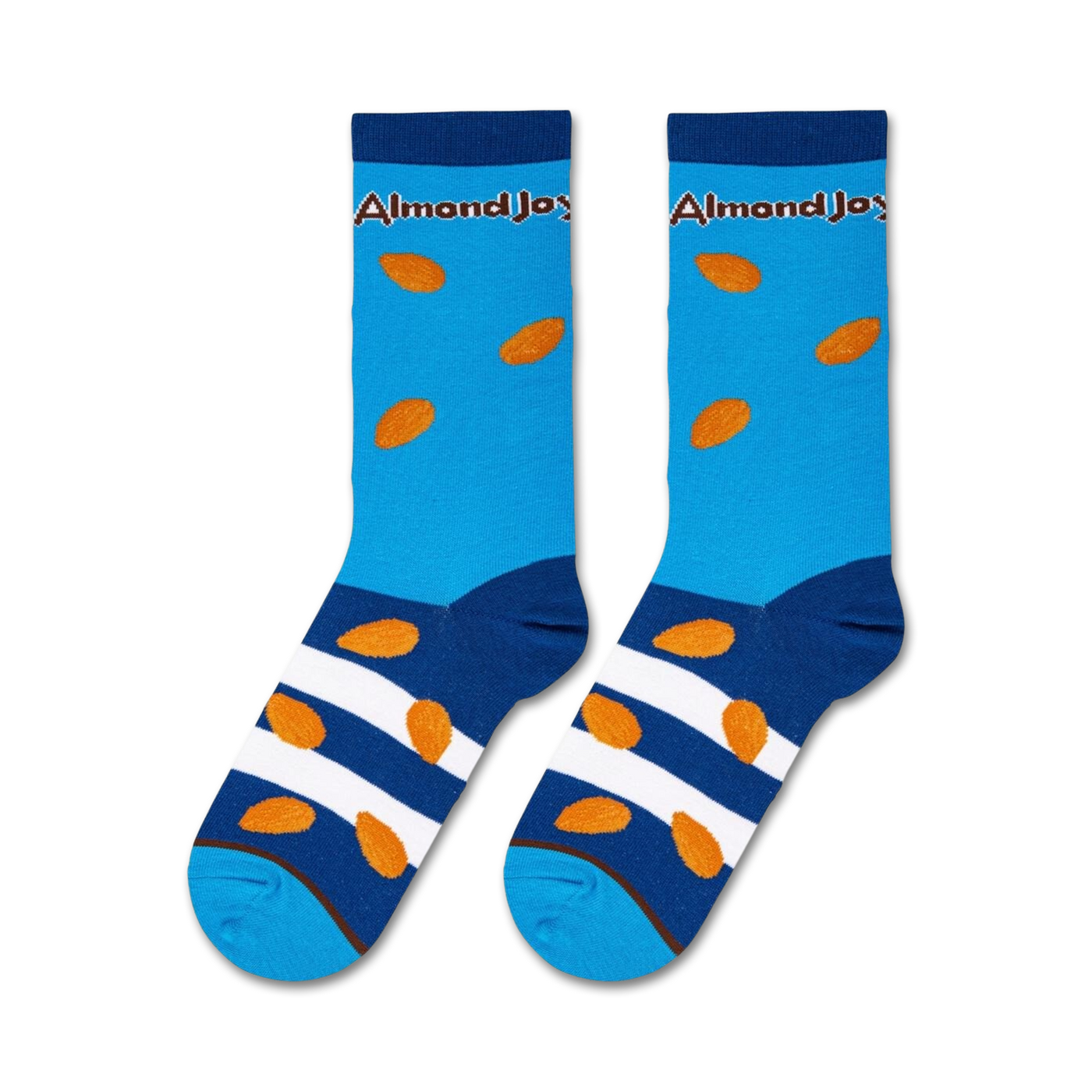 Close-up studio shot of a pair of Almond Joy socks, showcasing the design details and colors.