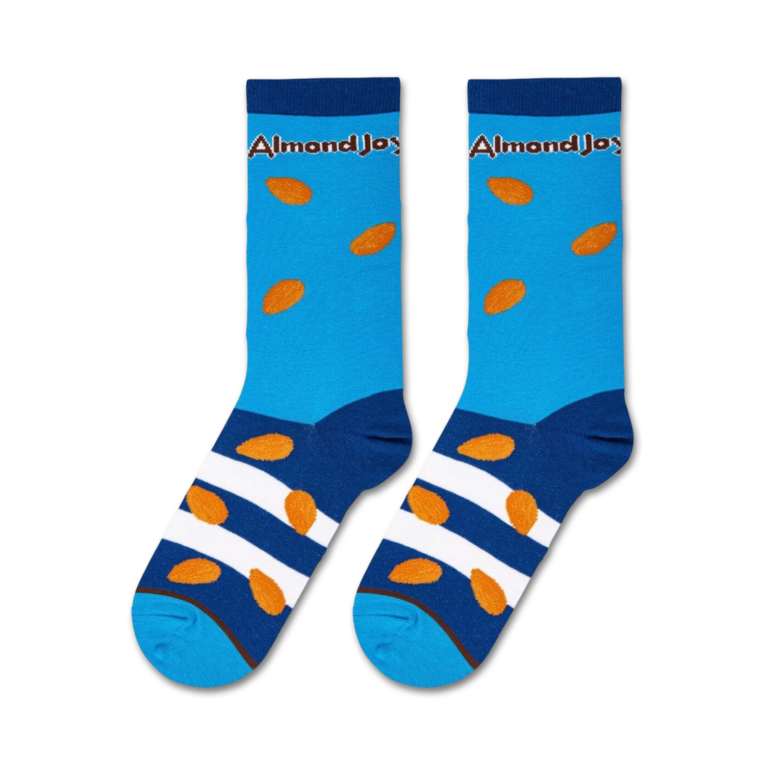 Close-up studio shot of a pair of Almond Joy socks, showcasing the design details and colors.