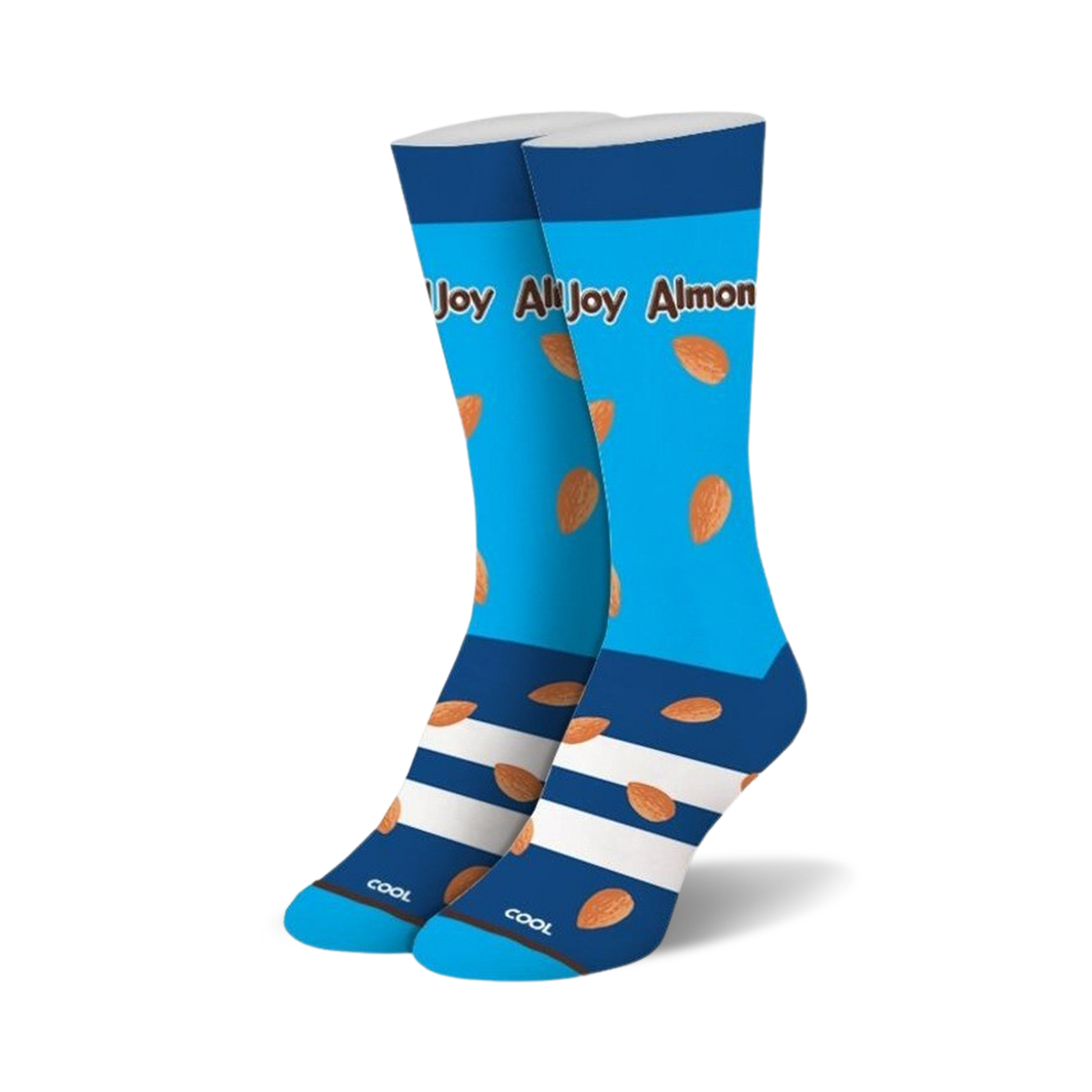 Pair of crew socks in blue and white with almond designs and 'Almond Joy' text.  Features a navy blue cuff and turquoise sole.