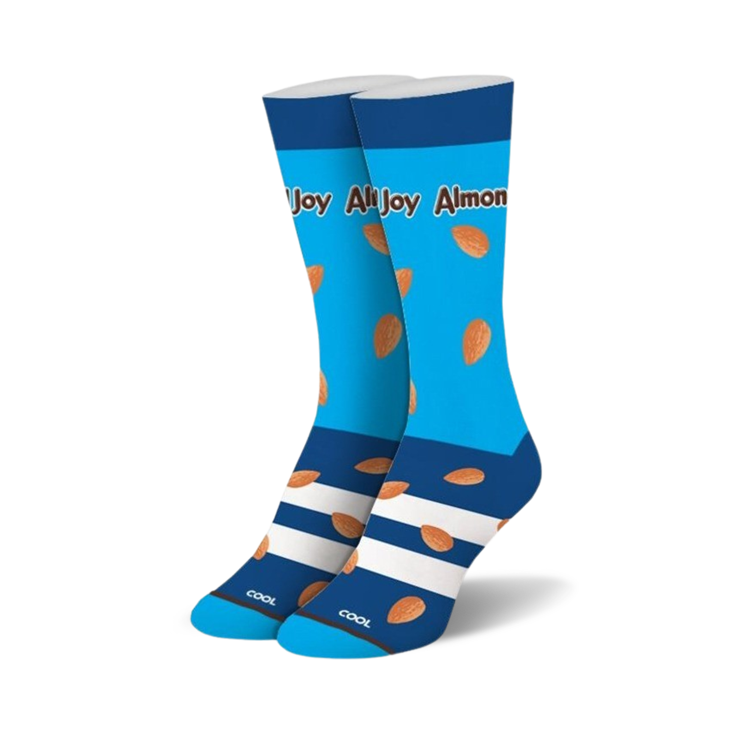 Pair of crew socks in blue and white with almond designs and 'Almond Joy' text.  Features a navy blue cuff and turquoise sole.