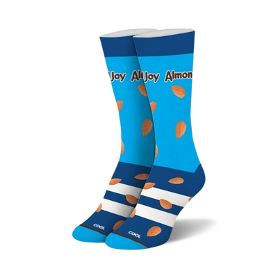 crew socks for women featuring a pattern of brown almond-shaped objects on a light blue background with white stripes.   