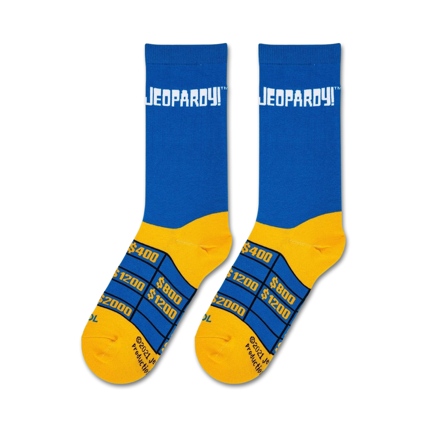 Flatlay product shot of a pair of Jeopardy! crew socks, showcasing the full design and color details.