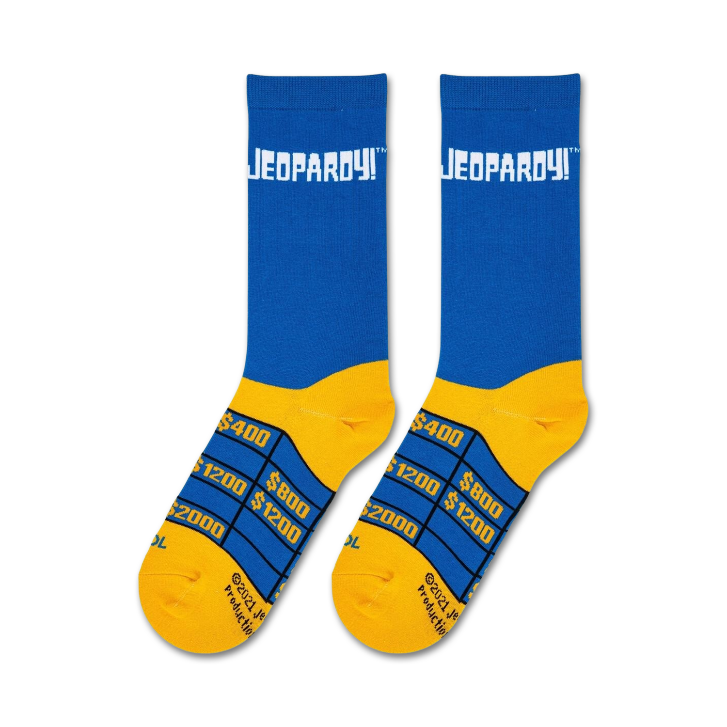 Flatlay product shot of a pair of Jeopardy! crew socks, showcasing the full design and color details.
