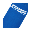 Close-up detail shot of the Jeopardy! logo on the blue portion of the sock.