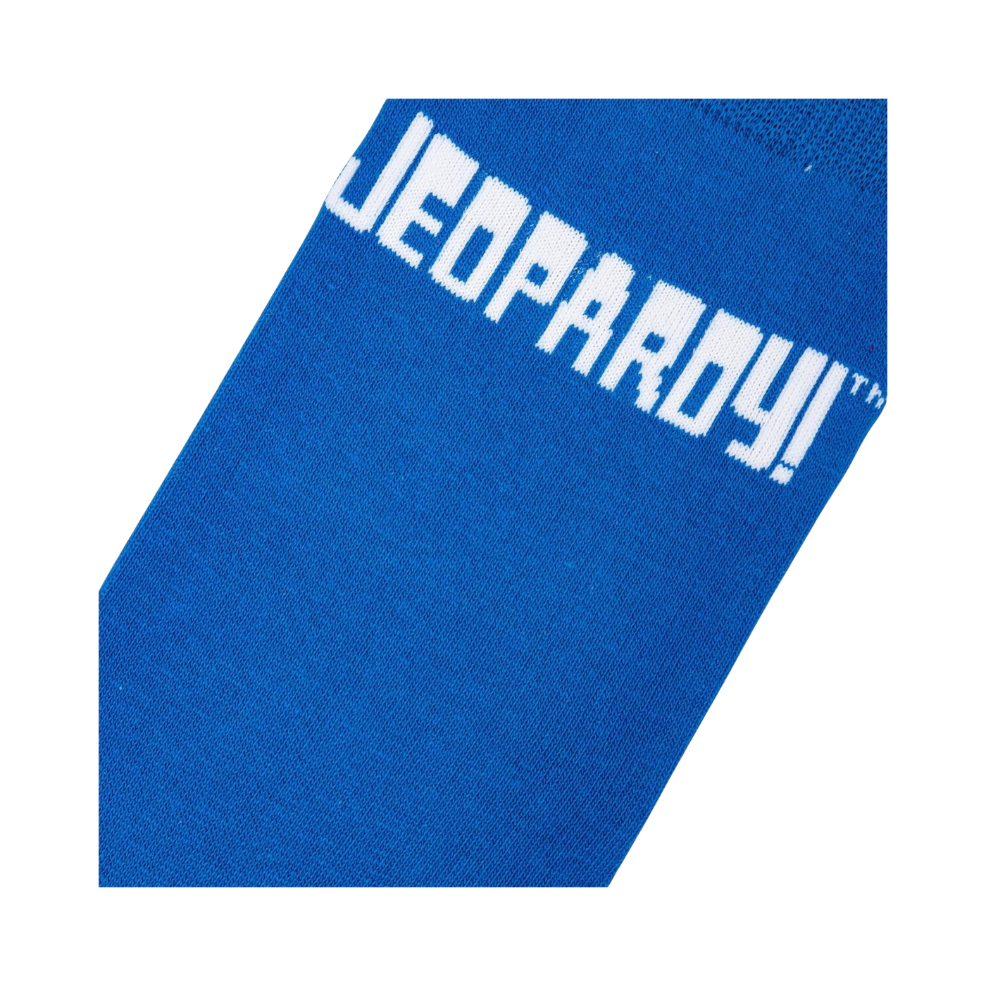 Close-up detail shot of the Jeopardy! logo on the blue portion of the sock.