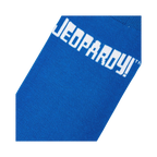 Close-up detail shot of the Jeopardy! logo on the blue portion of the sock.