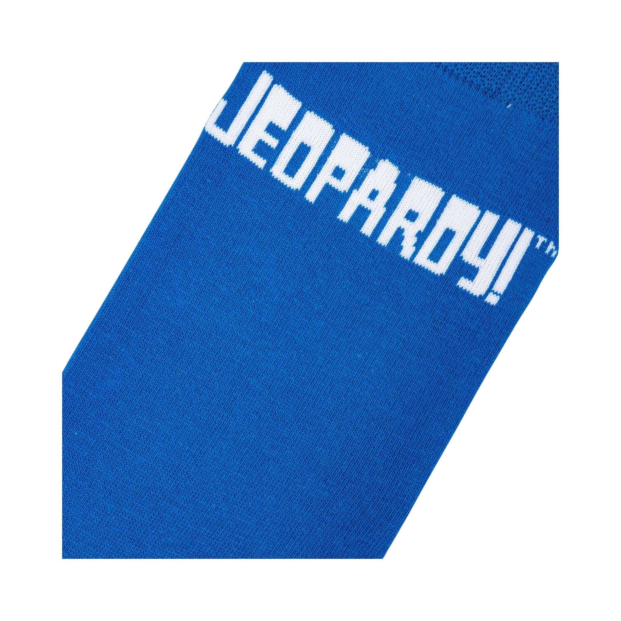 Close-up detail shot of the Jeopardy! logo on the blue portion of the sock.