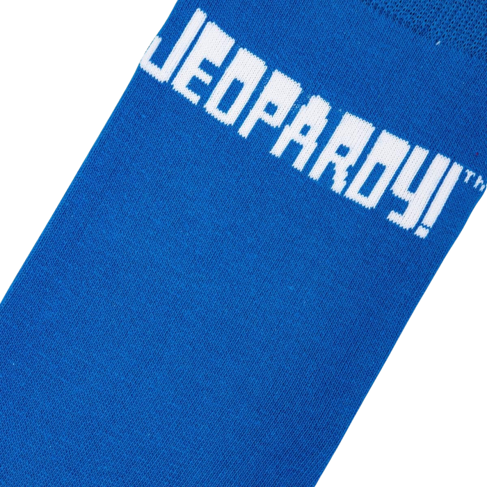 A blue sock with white text that reads 