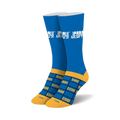 Pair of Jeopardy! crew socks in blue and gold. The socks feature the Jeopardy! logo and a game board design on the bottom.