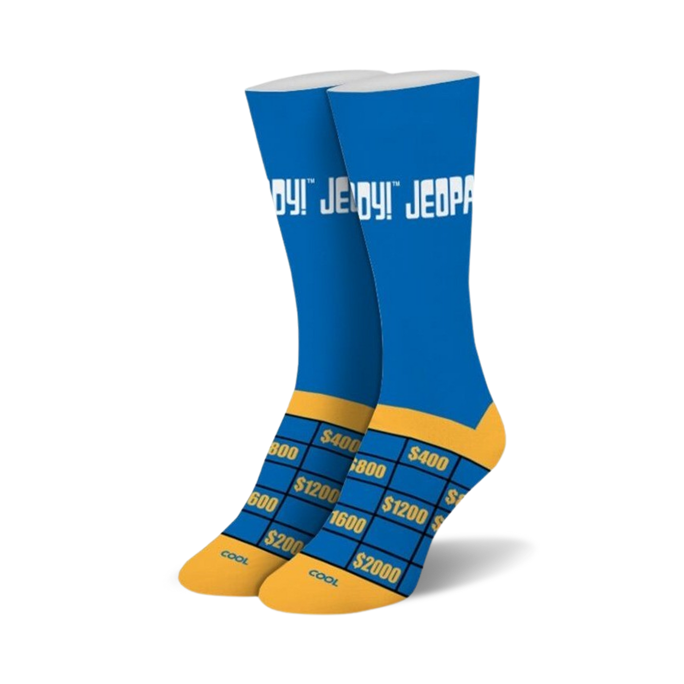 Pair of Jeopardy! crew socks in blue and gold. The socks feature the Jeopardy! logo and a game board design on the bottom.