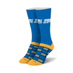 Pair of Jeopardy! crew socks in blue and gold. The socks feature the Jeopardy! logo and a game board design on the bottom.