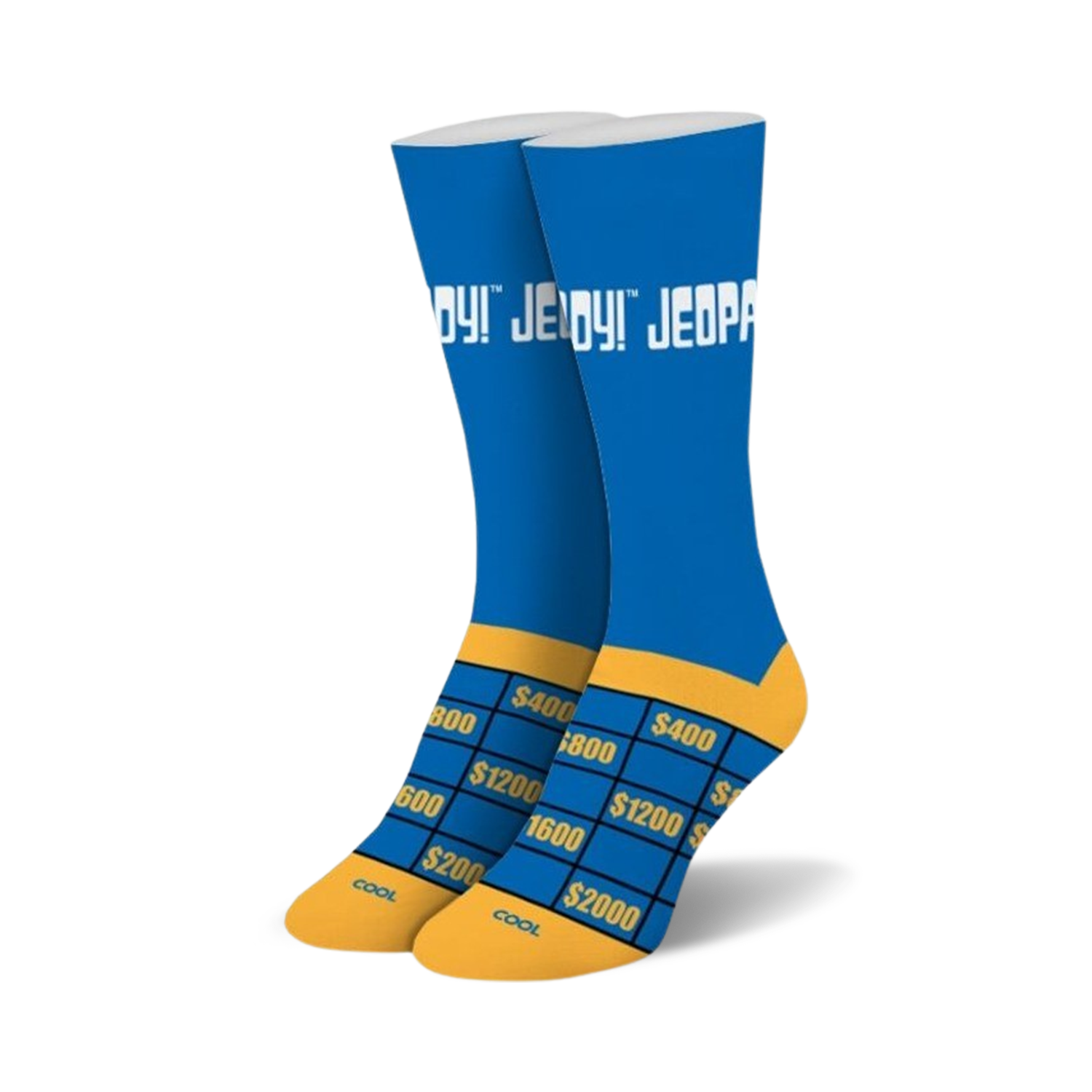 Pair of Jeopardy! crew socks in blue and gold. The socks feature the Jeopardy! logo and a game board design on the bottom.