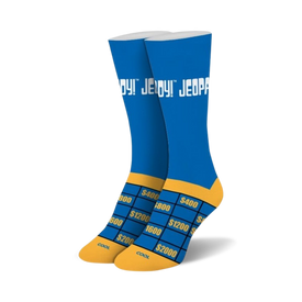 blue jeopardy socks with yellow band and 5 yellow lines. crew length, womens.    
