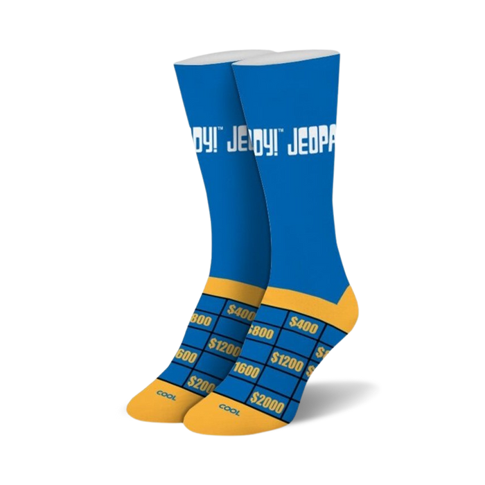 blue jeopardy socks with yellow band and 5 yellow lines. crew length, womens.    