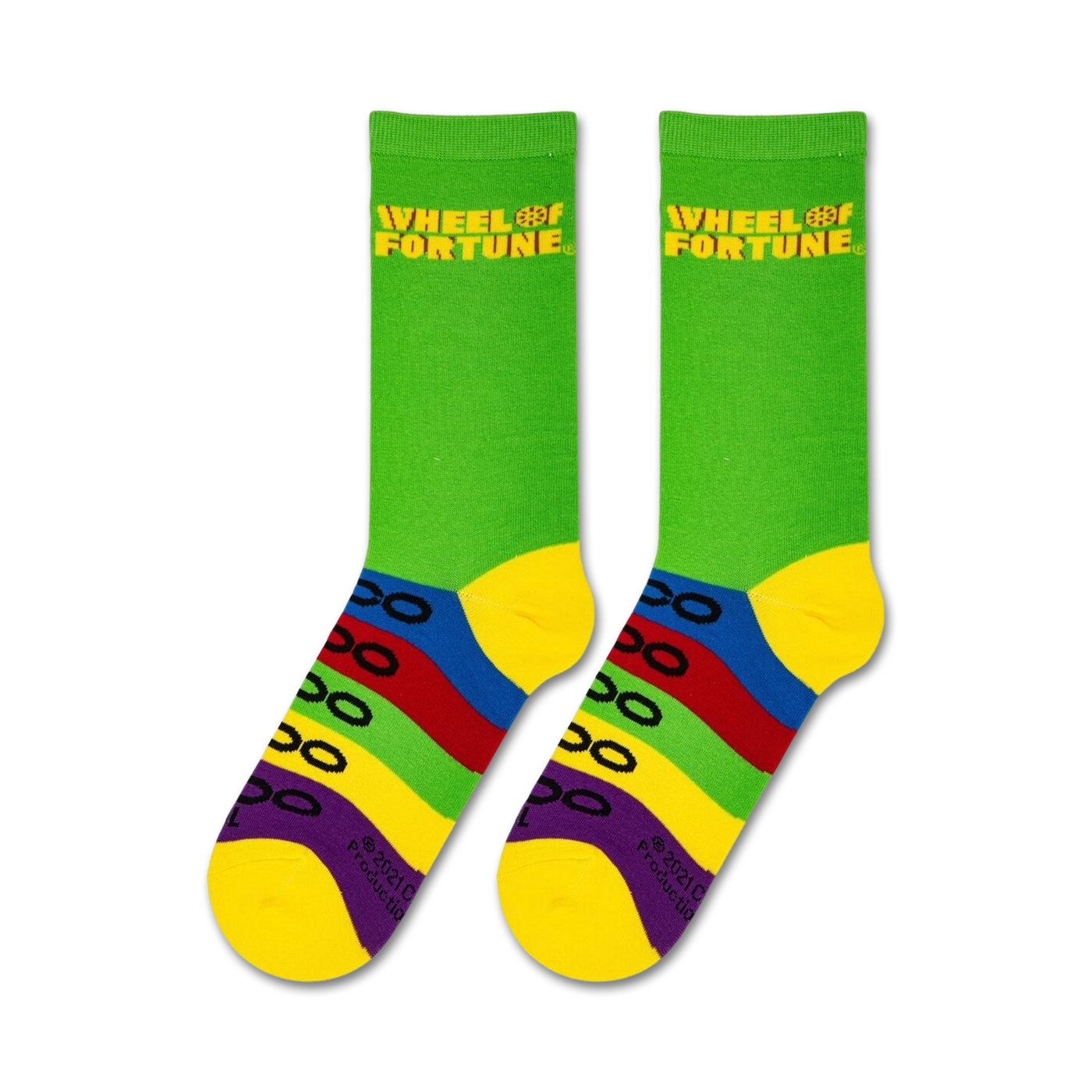 Close-up view of a pair of Wheel of Fortune socks showcasing the design details and bright colors.