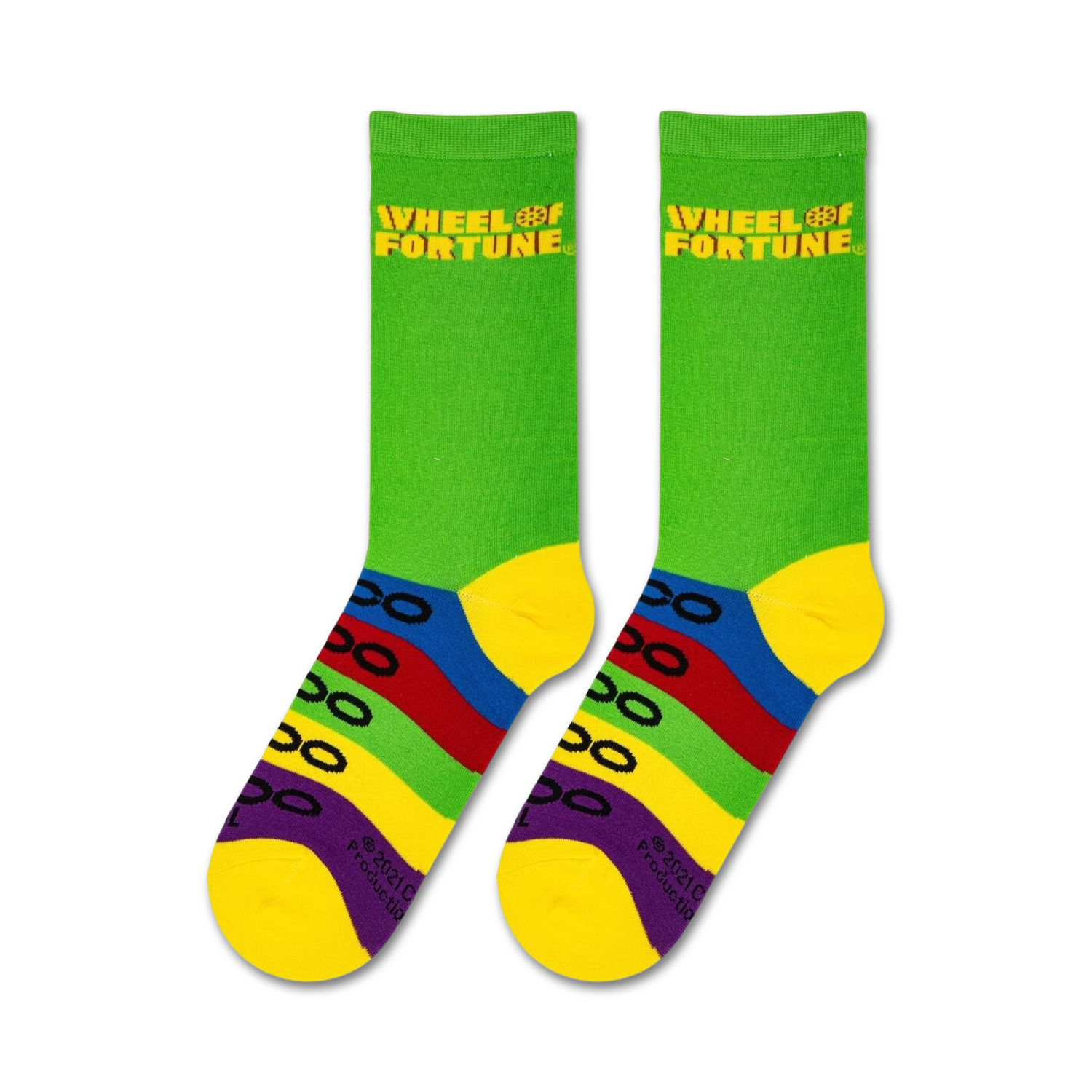Close-up view of a pair of Wheel of Fortune socks showcasing the design details and bright colors.