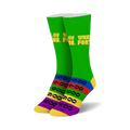 Pair of crew socks in green with the Wheel of Fortune logo and colorful stripes at the bottom, reminiscent of the game's score board.