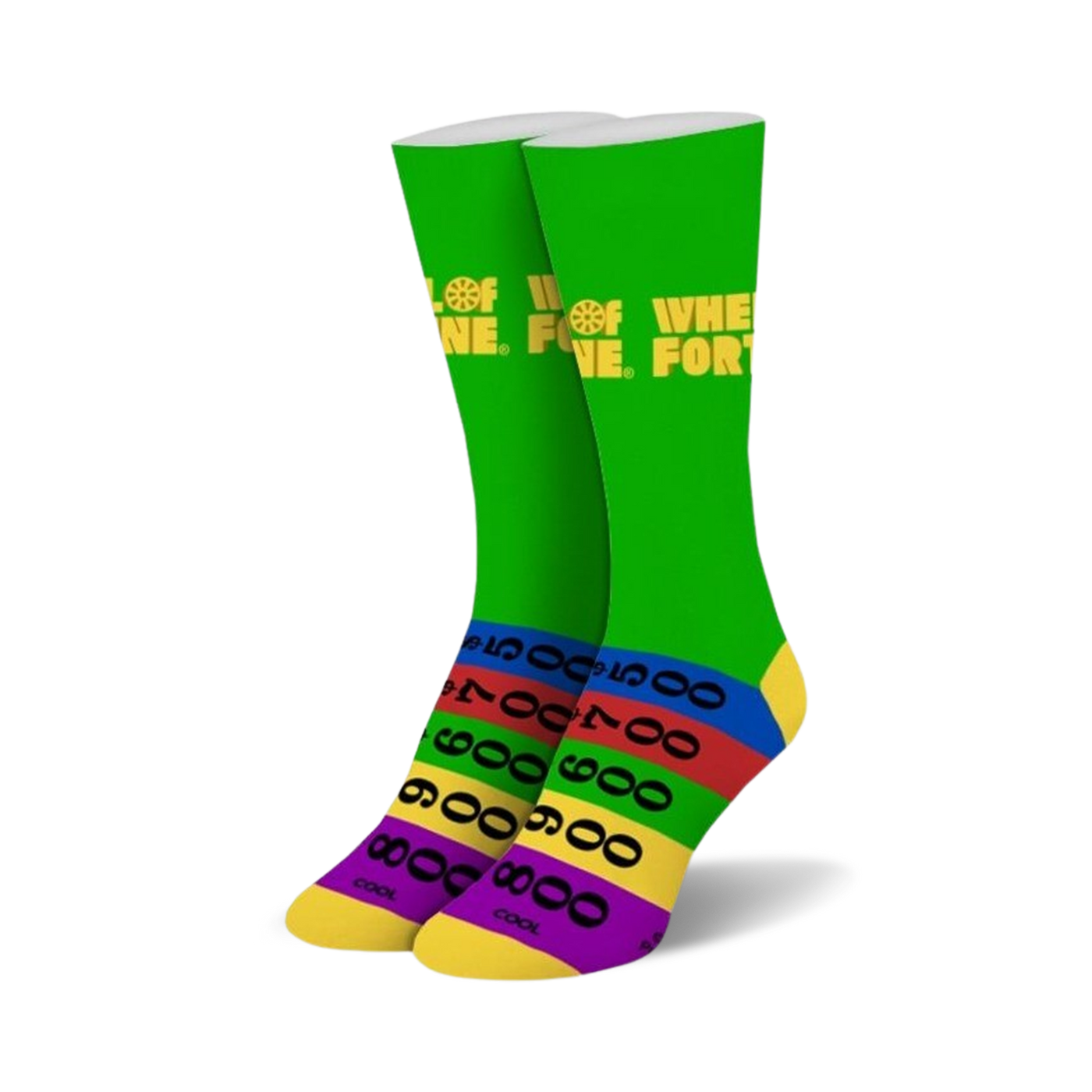 Pair of crew socks in green with the Wheel of Fortune logo and colorful stripes at the bottom, reminiscent of the game's score board.