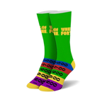 Pair of crew socks in green with the Wheel of Fortune logo and colorful stripes at the bottom, reminiscent of the game's score board.